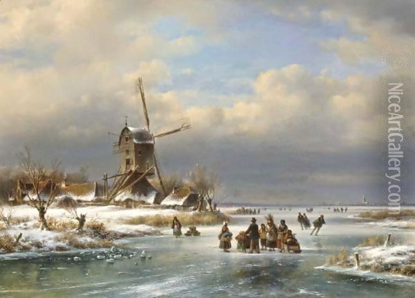 Figures on a frozen river by a windmill Oil Painting - Lodewijk Johannes Kleijn