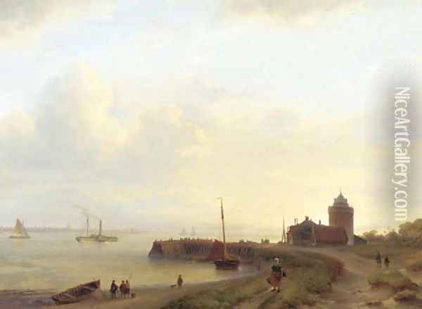 A panoramic river landscape with figures on an embankment and a town in the distance Oil Painting - Lodewijk Johannes Kleijn