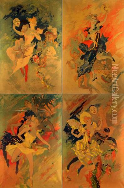 La Musique, La Danse, La Comedie, Le Pantomime Oil Painting - Jules Cheret