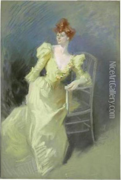 Portrait De Femme A La Robe Jaune Oil Painting - Jules Cheret