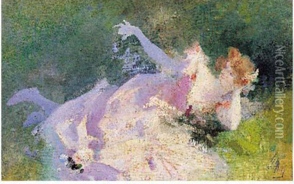 Jeune Femme Allongee Dans L'herbe Oil Painting - Jules Cheret