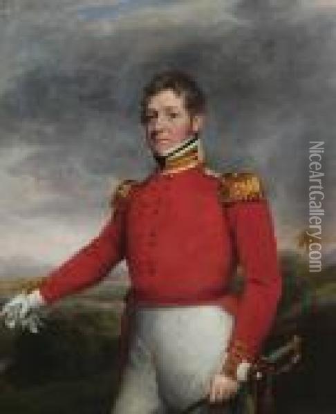 Portrait Of An Officer Of The 32nd Regiment Of Foot, A View Of India Beyond Oil Painting - George Chinnery