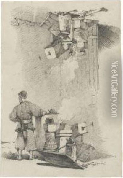 Two Studies Of A Chinese Workshop One With A Standing Malefigure Oil Painting - George Chinnery