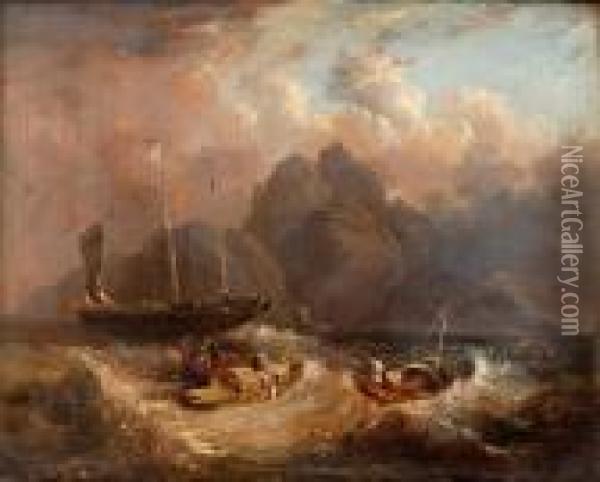 Chinese Boats Caught In A Squall, Amountainous Island Beyond. Oil Painting - George Chinnery
