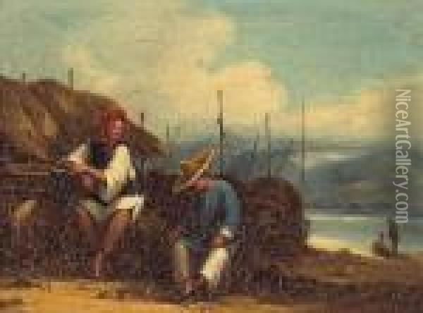 Figures Along A Shoreline Oil Painting - George Chinnery