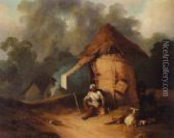 Indian Watchman And His Goat Oil Painting - George Chinnery
