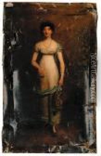 Portrait Of A Lady, Small 
Full-length, In A White Dress And A Blueshawl, Holding A Basket Standing
 In A Garden Oil Painting - George Chinnery