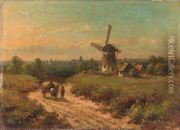 Harvesters on a sandy track by a windmill Oil Painting - Lodewijk Johannes Kleijn