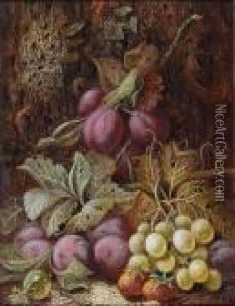 Plums, Green Grapes, Strawberries And A Gooseberry Oil Painting - Oliver Clare