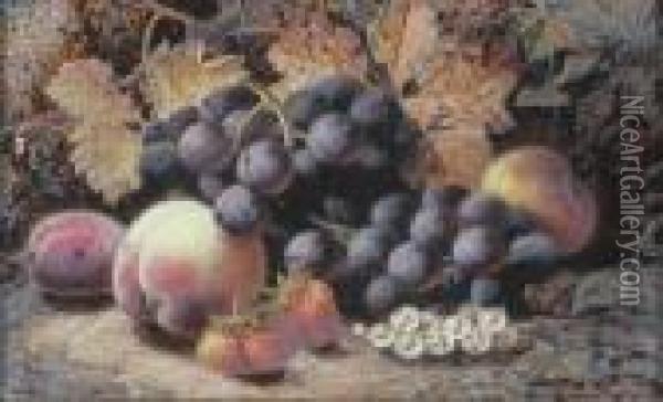 Black Grapes, Peaches, Strawberries, Whitecurrants And A Plum Against A Mossy Bank Oil Painting - Oliver Clare
