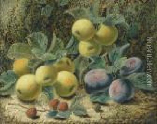Stillleben Mit Pflaumen, Apfeln Und Himbeeren Oil Painting - Oliver Clare