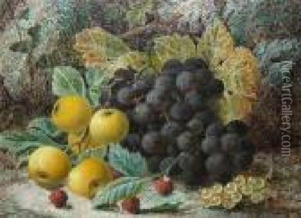 Black Grapes, Apples, White Currants Andraspberries Against A Mossy Bank Oil Painting - Oliver Clare