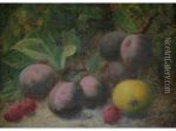 Still Life Of Plums, Raspberries And An Apple; Primroses And A Bird's Nest Oil Painting - Oliver Clare