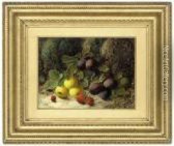 Plums, Apples, Strawberries And A Raspberry, On A Mossy Bank Oil Painting - Oliver Clare