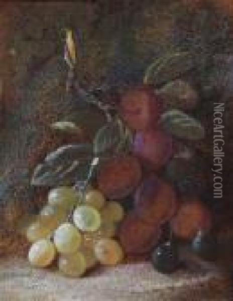 Still Life Of Grapes And Plus On A Mossy Ground Oil Painting - Oliver Clare