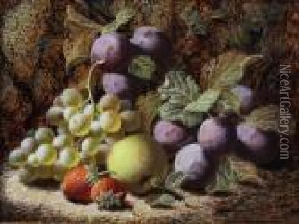 Plums, Green Grapes, Strawberries And An Apple Against A Mossy Bank Oil Painting - Oliver Clare