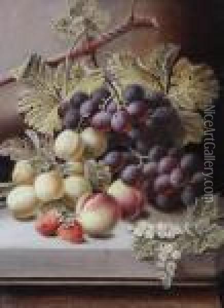 Black Grapes, Greengages, Peaches Andstrawberries On A Stone Ledge Oil Painting - Oliver Clare