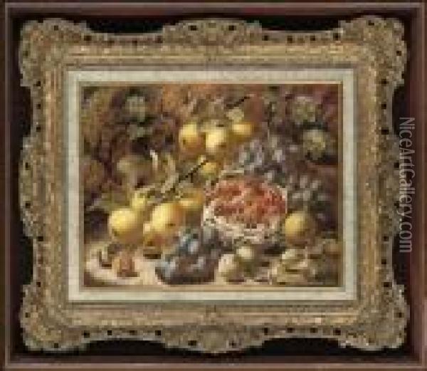 Greengages, Grapes, Strawberries And Gooseberries On A Mossybank Oil Painting - Oliver Clare