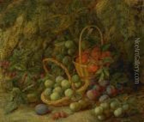 A Still Life With Strawberries In A Basket On A Mossy Bank Oil Painting - Vincent Clare