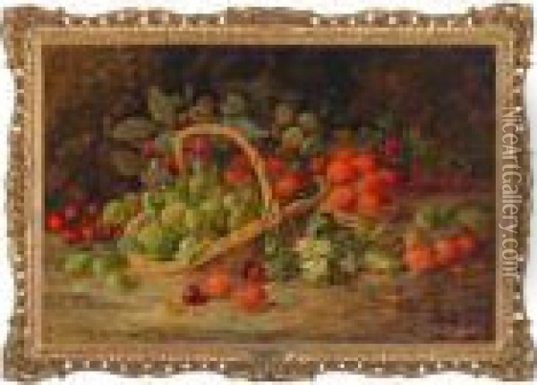 Gooseberries, Strawberries, 
Raspberries, Cherries And Grapes Inbaskets On A Mossy Bank With Ivy Oil Painting - Vincent Clare
