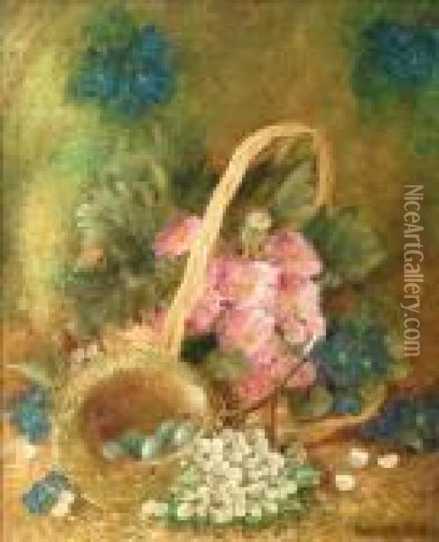 A Still Life Offlowers In A Basket And A Nest Of Eggs Oil Painting - Vincent Clare