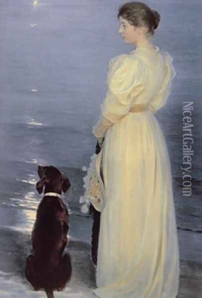 Summer Evening at Skagen the Artists Wife with a Dog on the Beach Oil Painting - Peder Severin Kroyer