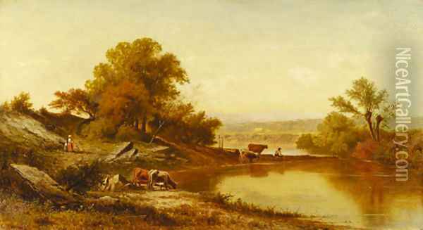 Cattle Watering Oil Painting - Charles Wilson Knapp