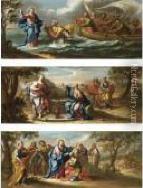 Cristo Cammina Sulle Acque; Cristo E La Samaritana; Cristo Benedice Un Discepolo Oil Painting - Sebastiano Conca
