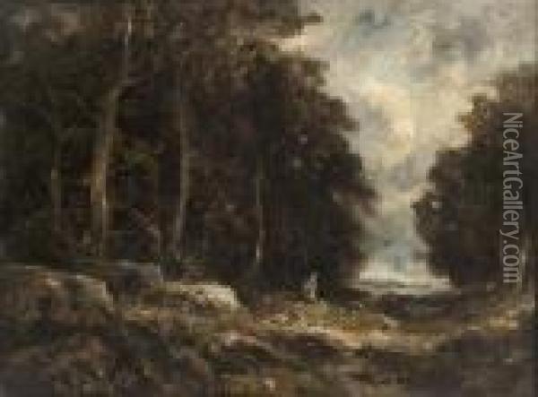 A Wooded Landscape With A Traveller On A Track, A Town Beyond Oil Painting - John Constable