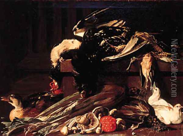 A dead cockerel and snipe and other birds on a ledge with doves Oil Painting - Jacob van der (Giacomo da Castello) Kerckhoven