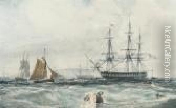 A Frigate Lying At Anchor At Spithead Oil Painting - Edward William Cooke