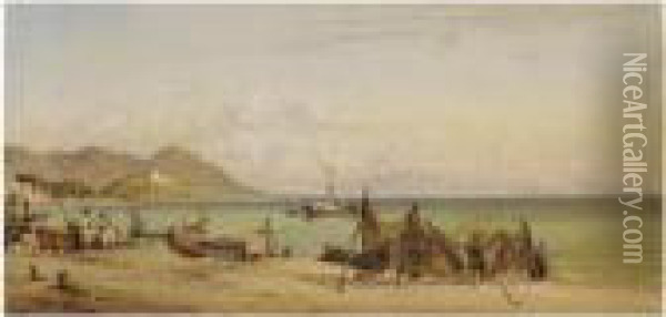 Drying The Nets At Salerno, The Mountains Of Paestum In The Distance Oil Painting - Edward William Cooke