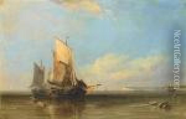 Honfleur Fishing Boats Becalmed, Havre In The Distance Oil Painting - Edward William Cooke