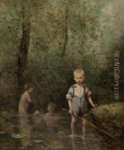 Enfants Jouant Dans Une Riviere Oil Painting - Jean-Baptiste-Camille Corot