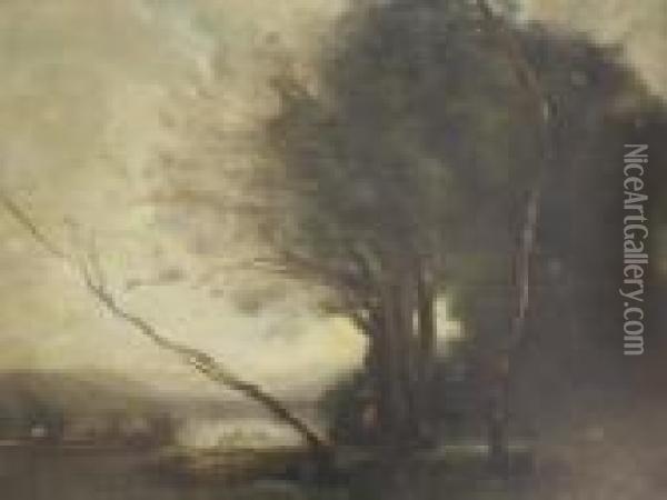 (figures By A River At Twilight) Oil Painting - Jean-Baptiste-Camille Corot