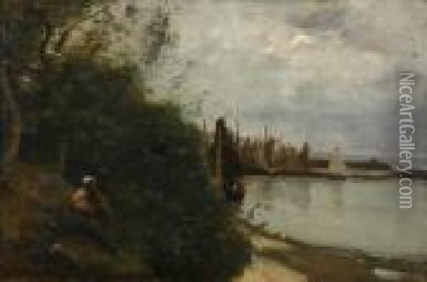 A Lady Under The Trees On The Seashore Oil Painting - Jean-Baptiste-Camille Corot