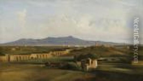 Aqueduc Dans La Campagne 
Romaine: A View Of The Roman Campagna Andthe Claudian Acqueduct Towards 
Monte Cavo Oil Painting - Jean-Baptiste-Camille Corot