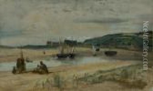 Plage De Sable Avec Bateaux Et Pecheurs, Sainte-adresse. Oil Painting - Jean-Baptiste-Camille Corot