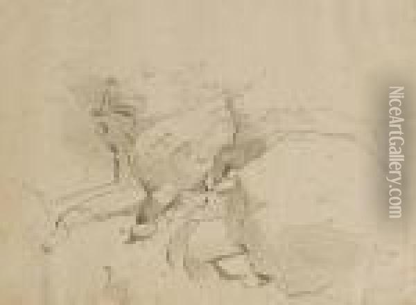 Etude D'arbres En Italie; Genzano, Etude De Rochers Et Paysan S'eloignant Sur Un Mulet Oil Painting - Jean-Baptiste-Camille Corot
