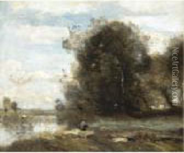 Le Pecheur A La Ligne. Souvenir Des Marais Du Nord Oil Painting - Jean-Baptiste-Camille Corot