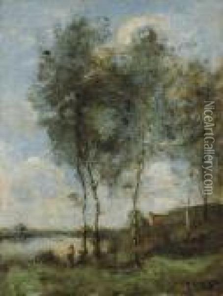 Pecheur Au Bord De La Riviere Oil Painting - Jean-Baptiste-Camille Corot