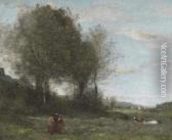 Trois Paysannes Dans Un Pre, Souvenir De Bretagne Oil Painting - Jean-Baptiste-Camille Corot