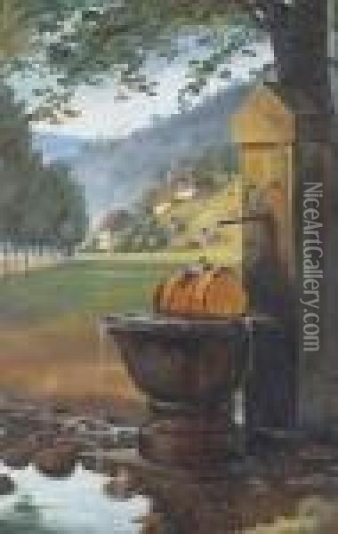 Landschaftsstudie Mit Brunnen. Oil Painting - Jean-Baptiste-Camille Corot