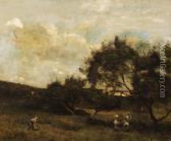 Paysans En Vue D'un Village (peasants Within Sight Of Avillage) Oil Painting - Jean-Baptiste-Camille Corot