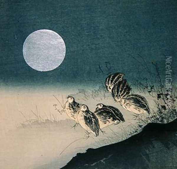 Quails and Full Moon Oil Painting - Tsukioka Kogyo