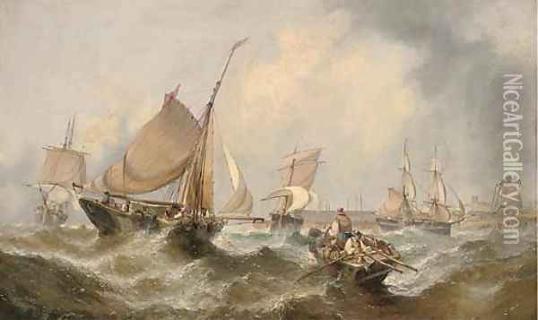 Congestion at the harbour mouth at the top of the tide (illustrated); and Barges and traders in a heavy swell off the Dutch coast Oil Painting - William Calcott Knell