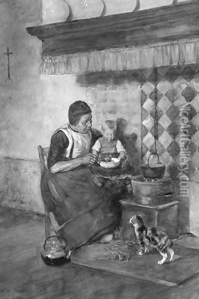 A little girl sitting on grandmothers lap Oil Painting - Heinrich Martin Krabb