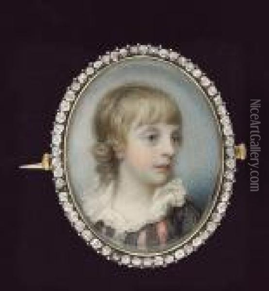 A Noble Child, Wearing Dark Grey
 Doublet Slashed To Reveal Deep Pink And Frilled White Collar Oil Painting - Richard Cosway