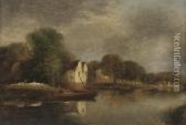 Cottages Along A River Bank Oil Painting - John Sell Cotman