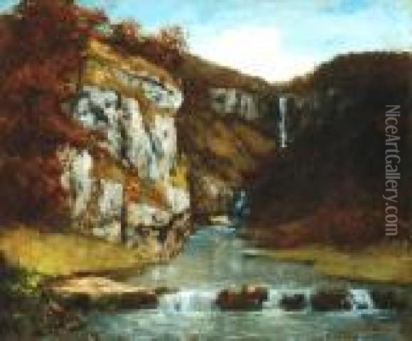 The
Waterfall Oil Painting - Gustave Courbet